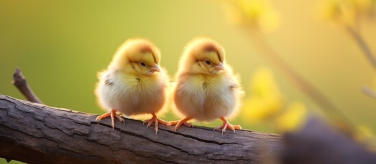 two small baby chicks on a branch with grasses in back