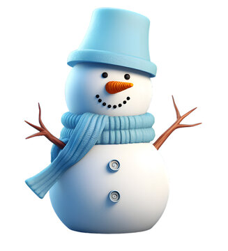 Cartoon 3D character of snowman on transparent background