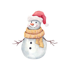  Smiling snowman with red hat and yellow knitted scarf on white background. Holiday watercolor illustration drawn by hand. For printing.