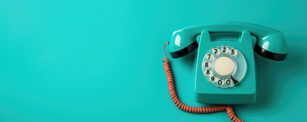 A vibrant teal retro rotary dial telephone on an aqua-colored backdrop, evoking a playful mid-century modern vibe. Generative AI. - obrazy, fototapety, plakaty