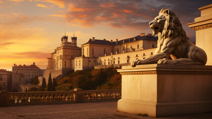 Royal castle in Lublin with guarding lion - obrazy, fototapety, plakaty