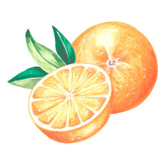Watercolor orange with half slice and leaves. Summer citrus isolated. Hand drawn illustration of healthy eating. Template for invitation and card, print on packaging, stickers, embroidery and textile