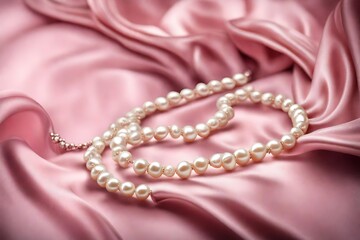 Pearl necklace on a pink silk with copy space