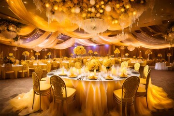 Wedding stage decoration. A beautiful reception decent lighting, the yellow lights, angel - obrazy, fototapety, plakaty