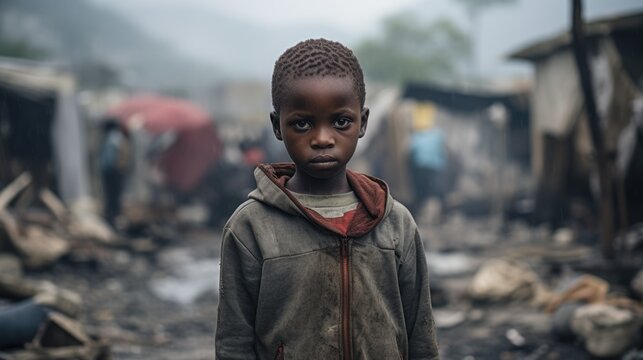 Haitian little boy in Port au Prince look at camera. Slum background gloomy weather. Poor kid portrait. Amrican american child stay at rural village. Local social issues. Human rights fight concept.