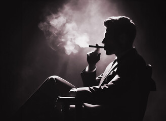Silhouette of a man smoking a cigar in the darkness - obrazy, fototapety, plakaty