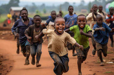 African children running joyfully on dirt road