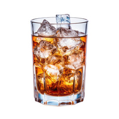 Whiskey glass with ice , a drink for socializing and relaxing. Isolated white background, for use as an illustration in a drink bar menu.