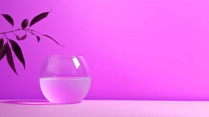 A close-up of a glass of water stands on a purple background with a copy space.