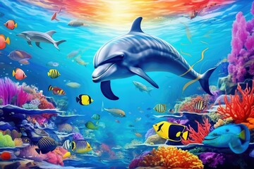 Dolphin swimming in the ocean on the background of corals. The dolphin is surrounded by many colorful fish, - obrazy, fototapety, plakaty