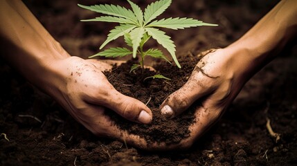 Cannabis sprout in the ground in hands