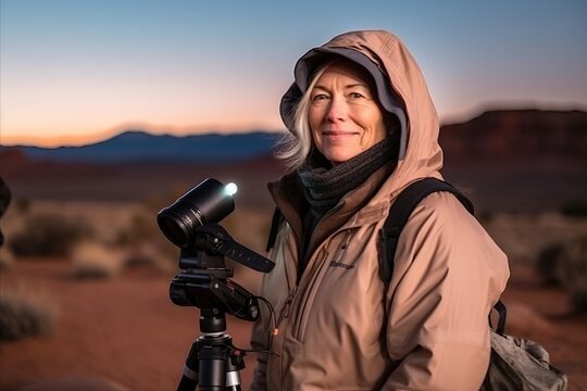 Mature female photographer with camera and tripod in the desert of Utah