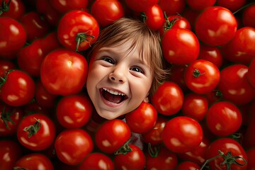 Fototapeta na wymiar Happy baby face in a bunch of fresh tomatoes