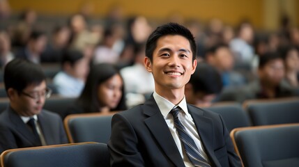 A confident young man is smiling broadly in a conference hall with other attendees in the background