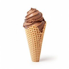 Ice cream chocolate scoop on waffle cone on white background. Chocolate Ice Cream Cone generative ai