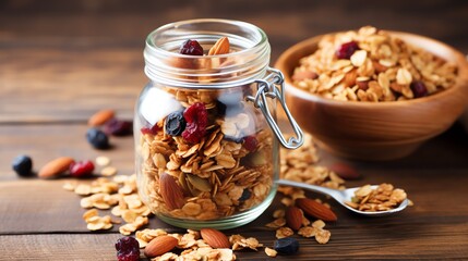 a jar of granola with nuts and berries - obrazy, fototapety, plakaty