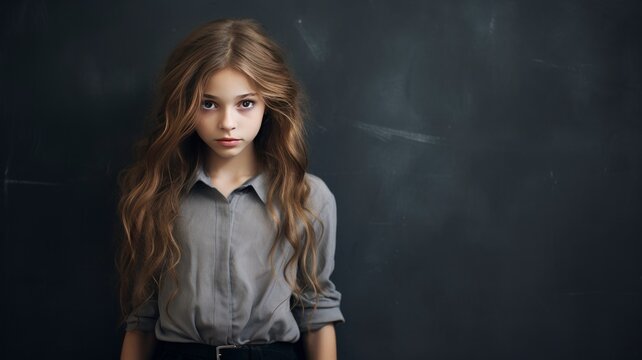 Girl posing against blackboard background at school, copy space - generative ai
