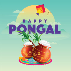 vector illustration of Happy Pongal Holiday Harvest Festival of Tamil Nadu South India - obrazy, fototapety, plakaty