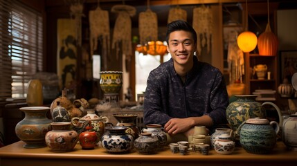 Fototapeta na wymiar A man surrounded by antique pottery smiles warmly