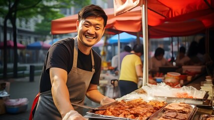 Street food vendor happily serving barbecue at a food stall