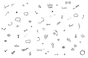 Doodle cute glitter pen line elements. Doodle heart, arrow, star, sparkle decoration symbol set icon. Simple sketch line style emphasis, attention, pattern elements. Vector illustration.