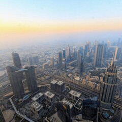Sunset view from Burj Khalifa over Dubai skyline