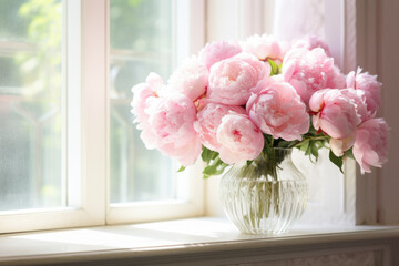 Morning sunshine coming through window onto vase filled with pink peonies.