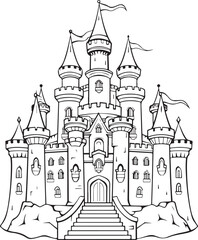 fairy castle hand drawn coloring page for kids 