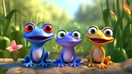 a group of cartoon frogs sitting on a rock