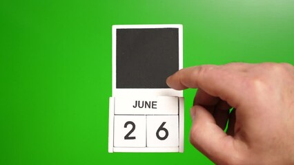 Calendar with the date June 26 on a green background. Illustration for an event of a certain date.