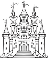 fairy castle hand drawn coloring page for kids 