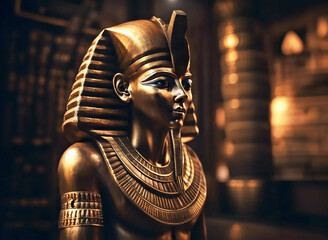 Gold statue of an ancient Pharaoh in a dark egyptian temple.