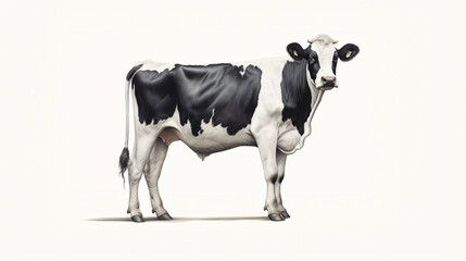 A black and white cow is solo standing erect - obrazy, fototapety, plakaty