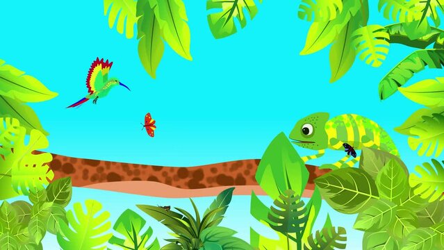 Cartoon cute chameleon green colored humming bire butterfly  in the jungle 2d animation leaves frame