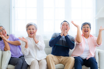 Happiness of the group females and male elderly sitting on the sofa. Senior people are talking and enjoy together at the living room. Joyful carefree retired senior friends enjoying relaxation.