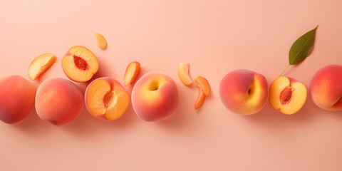 AI generation. Fresh ripe peaches with green leaves on pink background. Color of