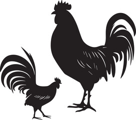 Vector Black silhouette of rooster hen on white background.