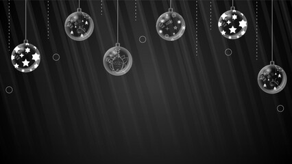 Fototapeta premium Abstract Winter Christmas Xmas Balls Holiday Decorations Celebration Happy New Year Black Dark Background Wallpaper Vector Design Style