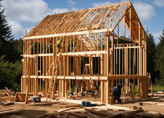 Fototapeta premium Home construction. The frame of the house. Cottage.