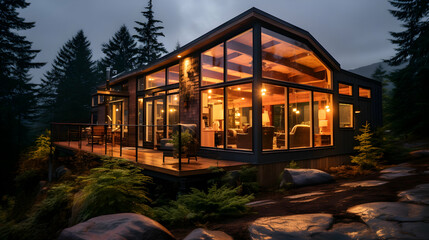 Fototapeta na wymiar Modern glass house with warm interior lighting, nestled in a foggy forest at dusk, featuring a spacious wooden deck