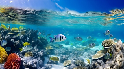 Naklejka premium Vivid underwater scene with diverse tropical fish near coral reef under sunlit water surface