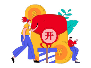 New Year red envelope promotion flat vector character concept illustration
