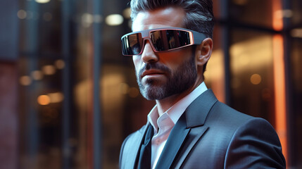 A futuristic shot of a stylish businessman using augmented reality glasses, blending technology seamlessly into the corporate world.