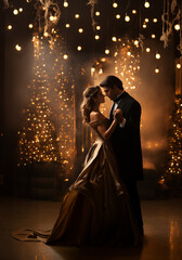 Romantic young couple in love dancing a classic dance on Christmas evening in a decorated, luxurious interior with warm, golden lights. AI generated