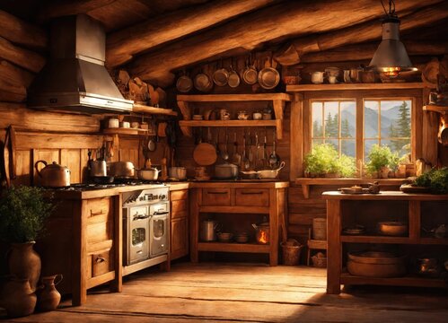 old times farmhouse - interior of an old country house with fireplace and kitchen