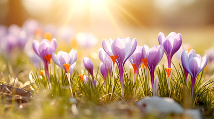 crocuses. a group of spring purple flowers against the background of the sun, spring morning, sunrise, warm and joyful atmosphere.