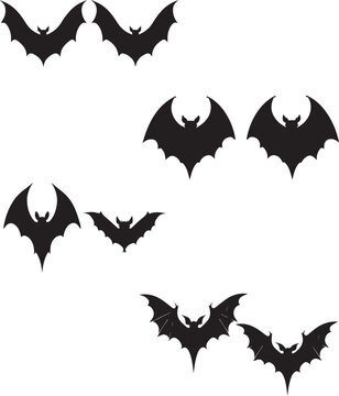 Set of cartoon black bat on white background