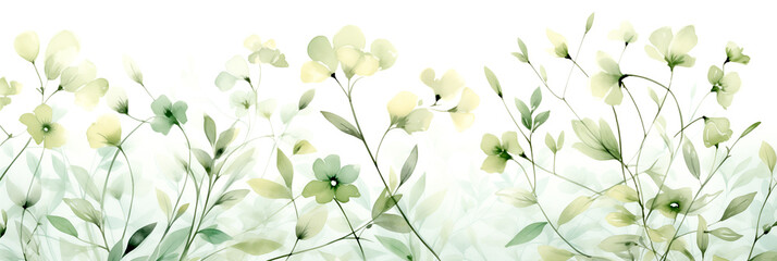 watercolor painting. dreamy floral background, light green and white banner with wildflowers. artistic illustration.