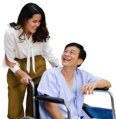 Obraz premium Smiling Asian woman is Caring and Take the old father sitting on wheelchair on transparent
