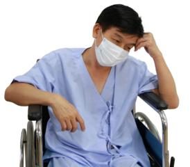 Asian Old man Wearing a mask to prevent disease and Covid 19 is sitting on wheelchair Sick and seriously ill on transparent